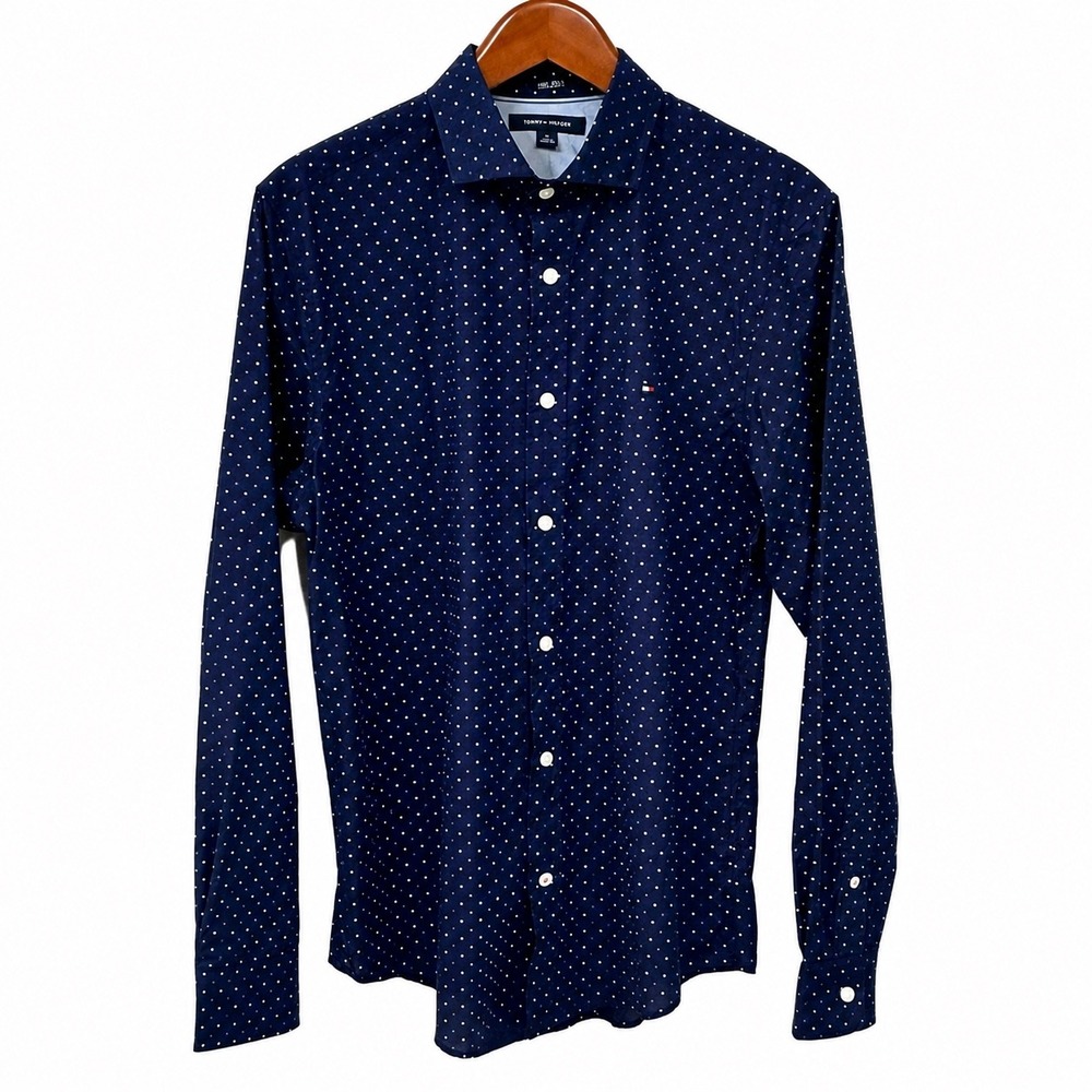 Tommy Hilfiger Mens Navy Blue Micro H Monogram Print 100s 2-Ply Cotton Shirt M